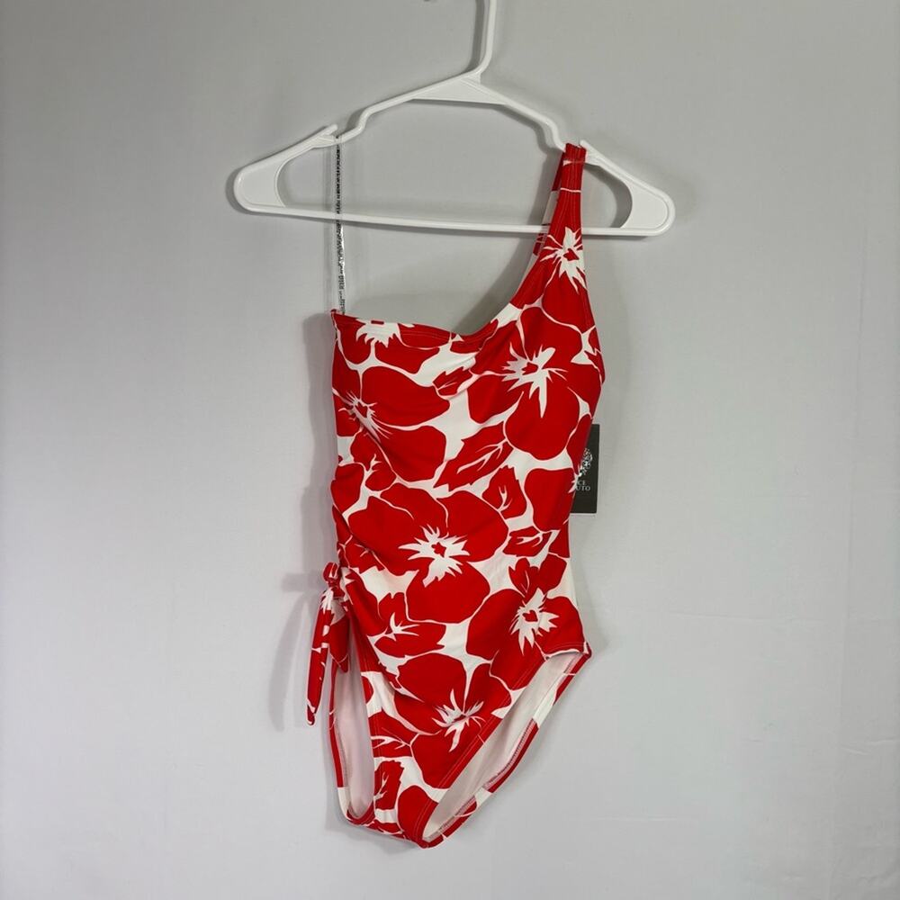 NWT Vince Camuto Red and White Floral One Piece Swimsuit One Strap Size 6 LL0737
